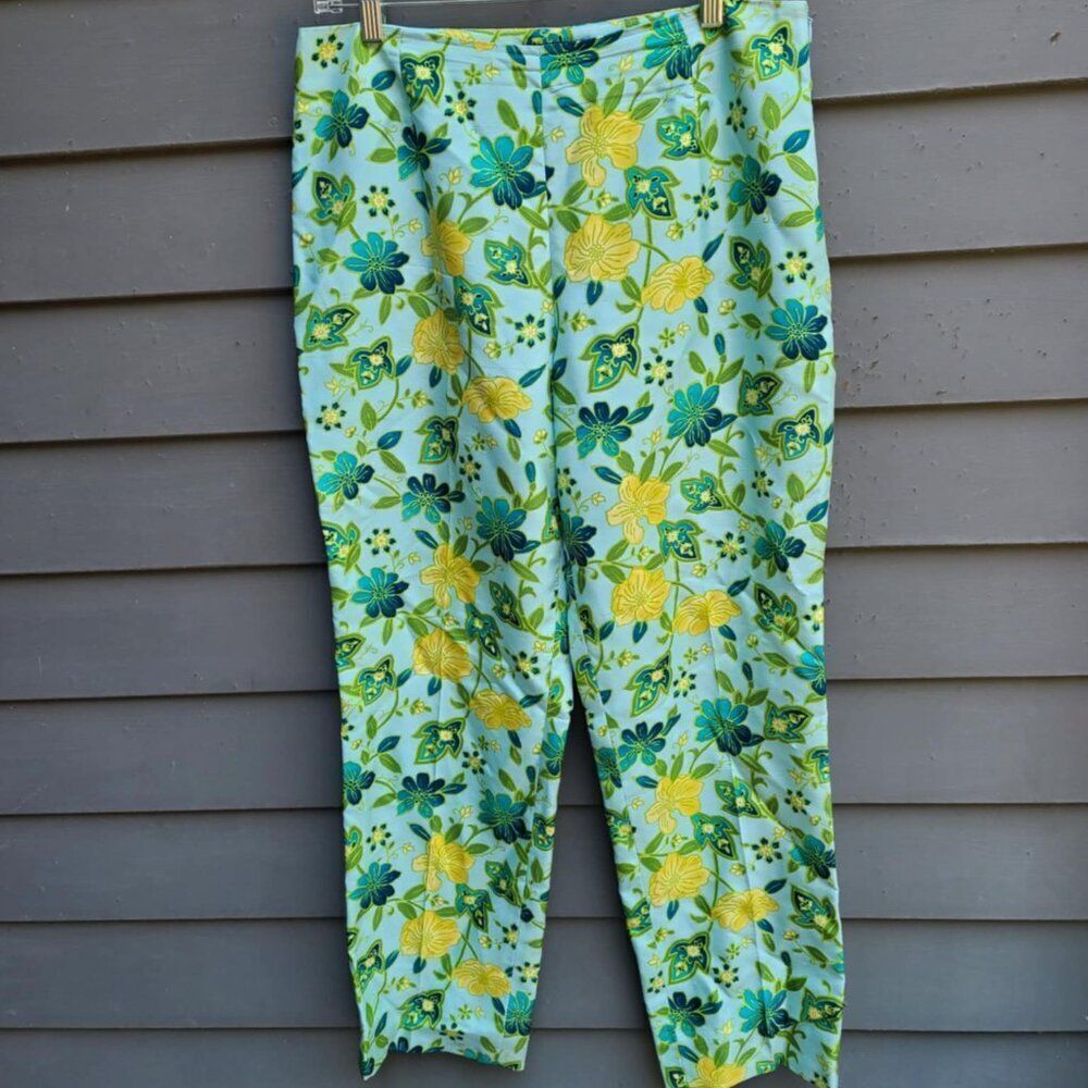 Loft Silk Lined Eggshell Blue Green Floral Angle Pants size 10